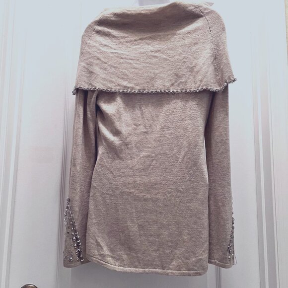 Colour Works-Women's Tan/Cream/Crystals/Beads/Studs Sweater-Off Shoulder-Festive - Picture 13 of 14